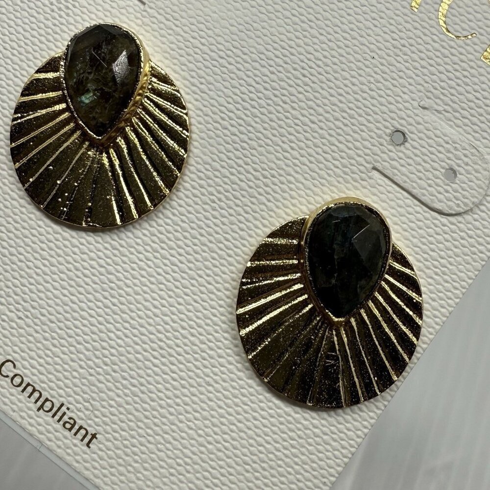 Panacea Gold Fan Earrings Teardrop Stone Textured Metal Statement Jewelry